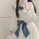 KIylethomasw Harajuku Sweet Sailor Collar White Dresses Summer New Slim Waist Bow Vestidos Mujer Y2k E-Girl Long Sleeve Dress for Women