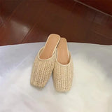 KYLETHOMASW  -  Shoes Slippers Soft Slides Slipers Women Cover Toe Low Loafers Fretwork Heels Comfort 2025 Flat Basic Fabric Rubber Cane PU