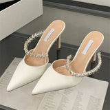 KYLETHOMASW  -  New Fashion Crystal Diamond Slipper Women Elegant Pointed Toe Thin Heels Dress Elegant Mules Ladies Shoes