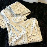 KYLETHOMASW  -  Pajama Set Autumn Korean Style Heart Bow Print Long Sleeve Cute Loungewear Ruffle Trim Button Up Home Sleepwear Korean Style