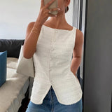 KYLETHOMASW  -  Elegant Women Solid T-Shirts Fashion Single Breasted Sexy Strap Sleeveless Button Tops Casual White Pleated Office Lady New Tees