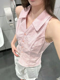 Kylethomasw Vintage Women Sleeveless Halter Polo Shirts Summer Y2k Pink Button Up Blouse Female Casual Slim Office Lady Clothes Chic