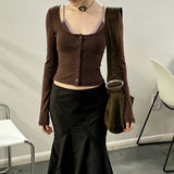 KYLETHOMASW  -  y2k sexy lace patchwork fake two piece o neck long sleeve single breasted knitted slim tops