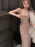 KYLETHOMASW  -   Women Spicy Girl Heavy Industry Sequin Sling Dress 2024 Summer New Women Sexy Waist Female Wrap Hip Long Dresses