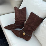 KYLETHOMASW  -  Mid Calf Women Boots Pointed Toe Flats Shoes Designer Chelsea Boots Winter 2025 Casual Walking Suede Zapatos Goth Mujer Botas