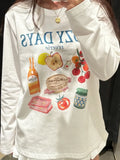 KYLETHOMASW  -  Chic Design Kawaii Food Print Cotton Long Sleeve Top Oversized Casual Graphic T-Shirt for Women Sweet Girls Loose Spring Fashion