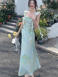 KYLETHOMASW  -  Elegant Satin Print Womans Dresses Summer New Fashion Strap Ruffles Chic A-Line Birthday Party Beach Holiday Vestidos Female