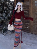 KYLETHOMASW  -  Autumn Winter Chic Knitted Womens Two Pieces Set Cropped Pullover Top High Waist Striped Bodycon Long Skirt Suit Casual Clothing