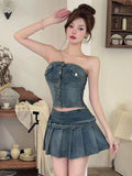 KYLETHOMASW  -  Vintage Denim Slim 2 Piece Set Summer Women Y2K Sexy Strapless Short Crop Tops And Pleated Mini Skirt Streetwear Outfit Casual