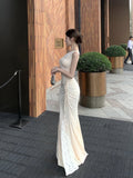 KYLETHOMASW  -  French Women Beige Patchwork Lace Elegant Sexy Backless Slanted Shoulder Long Dresses Summer Vacation Party Fishtail Dress Trend