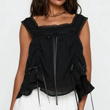 KYLETHOMASW  -  Women Chiffon Y2k Boho Ruffle Crop Tank Top Chic Drawstring Ruch Frilly Square Neck Vest Flowy Peplum Babydoll Shirt Cami Tops