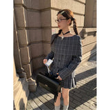 KYLETHOMASW  -  Sweet Hot Girl Preppy Style Suit Women's Autumn Plaid Off Shoulder Top Pleated Skirt Two-piece Set Fashion Female Clothes