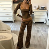 KYLETHOMASW  -  Retro Striped Casual Suits Casual Lace Hanging Neck Collar Vest Long Sleeved Cover Up Shirt Low Waist Straight Leg Pants 트위드 투피스