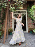 KYLETHOMASW  -  Chiffon Floral Ruffles Dress Women Elegant Flying Sleeve Dress Sweet Slim A Line V Neck Summer Lace Up Lady Vintage Vestidos