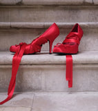 KYLETHOMASW  -  Crimson Satin Square-Toe Stiletto Heels Draped Ribbon Bow Detail Elegant Style High Heels for Evening Date High-Fashion Party