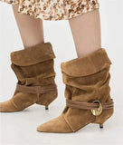 KYLETHOMASW  -  Metal Embellished Nubuck Ankle Boots Women Elegant Kitten-heel Modern Boots Warm Sexy Pointed Toe Western Cowboy Boots Brown