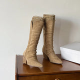 KYLETHOMASW  -  Autumn Winter Fashion Pleated Design Women Knee-High Boots Vintage Faux Suede Lace High heels Western Cowboy Long Booties Shoes