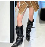 KYLETHOMASW  -  Vintage Pleated Belt Buckle Faux Suede Women Knee High Boots Autumn Winter Fashion High heels Western Cowboy Knight Boots Shoes