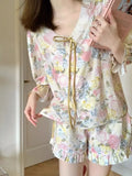 KYLETHOMASW  -  French Retro Long Sleeved Sleepwear Women Summer Popular Online Style New Sweet Oil Painting Girls Rose Home Set