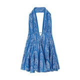 KYLETHOMASW  -  Sexy Women Halter V Collar Backless Mini Dress Women Holiday Blue Floral Lacing up Back Loose Dresses Femme Vestidos Summer Robe