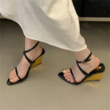 KYLETHOMASW  -  Fashion Design Wedges High Heels Women Sandals Street Style Buckle Strap Pointed Toe Banquet Shoes Summer Pumps