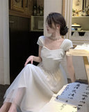 KYLETHOMASW  -  Women Vintage Sweet Mesh Patchwork Elegant Party Dresses Summer Solid Square Collar Short Sleeve Slim Fairy Midi Dress Vestidos