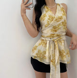 KYLETHOMASW  -  2025 Korean Floral Print Neck Hanging Chiffon Floral Shirt Women Summer New Retro Western-style Cross Tie Vest Top