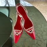 KYLETHOMASW  -  Red White Two-Tone Pointed Toe Slingback Heels Intricate Braided Trim Stiletto Heel Hollow Design Elegant Footwear for Lady