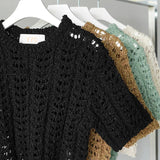 KYLETHOMASW  -  Summer Hollow Out Korean Women's Short Shirts O-Neck Bohemian Short Sleeve Knitted Sexy Tops Female