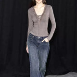 KYLETHOMASW  -  Y2k Clothes Ruffles T Shirt for Women Solid V Neck Fleece Autumn Winter Ropa De Mujer Japanese Style Retro Short Tees