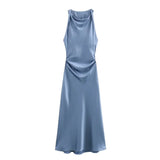 KYLETHOMASW  -  Summer New Women Sleeveless Dress Fashion Temperament Sexy Silk Satin Texture Solid Color Midi Long Dress Women Elegant