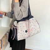 KYLETHOMASW  -  Women Denim Splicing Tote Bag Star Stripe Print Large Capacity Drawstring Shoulder Bag Casual Sweet Daily Shopping Handbag Purse