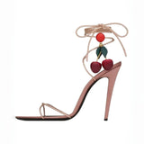 KYLETHOMASW  -  Women's  Rhinestone Ankle Wrap Stiletto Sandals Coral Grape‑Shaped Bead Decor Open‑Toe High Heels Crystal Thin Strappy