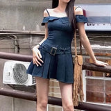 KYLETHOMASW  -  Denim Mini Dresses Ruffles Slash Neck Spring Summer Solid Vintage Y2k Vestidos Mujer Korean Fashion Sexy Women Dress
