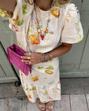 KYLETHOMASW  -  French Elegant Floral Print Short Dress Women Holiday Sleeved Fashion Ladies Midi Dress