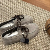 KYLETHOMASW  -  Spring Autumn Round Toe Women Loafers New Cow Suede Lace Up Flat Shoes Casual Versatile Doudou Shoes Soft Soled Lady Shoes