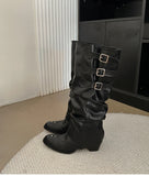 KYLETHOMASW  -  Vintage Belt Buckle Women Knee High Boots Fashion Removable Shoes Autumn Winter Ladies Elegant Thick Heel Knight Long Booties