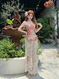 KYLETHOMASW  -  Summer Women Two Piece Set Floral Corset Top and Lace Midi Skirt Elegant Mesh Outfit Slim Fit Vintage French Style Beach Suit