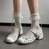 KYLETHOMASW  -  Cute Polka Dot Thick Heel Women Mary Jane Shoes Designer Buckle Strap Pumps Ladies Eelgant Butterfly-knot Dress Single Shoes