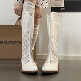 KYLETHOMASW  -  Designer Lace Hollow Out Women Knee High Boots Fashion Skinny Thick Heels Shoes Summers Ladies Breathable Long Booties
