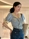 KYLETHOMASW  -  Blue Embroidered Shirts Lapel Sweet Temperament Blouses Vintage Y2k Clothing New Korean Fashion Blusa Mujer Moda