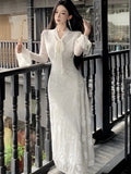 KYLETHOMASW  -  Elegant Flare Sleeve Long Dresses for Women New Autumn V-Neck Slim Wedding Runway Party Lace Vestidos Vintage Clothing Long Robe