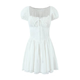 KYLETHOMASW  -  Sweet Women Ruched Chest Fish bow Waist Corset Style Dress Short Sleeve Cross Bandage Lacing up Back Bodycon Mini Party Robe