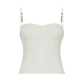 KYLETHOMASW  -  summer niche spicy girl pleated low neck bead camisole tank top, tight fitting elastic inner layer, solid color short top