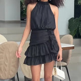 Kylethomasw Women Sexy O-neck Slim Draped Party Dress 2024 Spring Elegant High Waist Ruffle Mini Dress Summer Sleeveless Solid Bodycon Dress