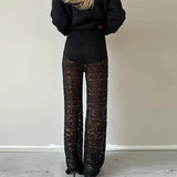 KYLETHOMASW  -  Women Sexy Sheer Black Lace Pants Chic Versatile Wide-leg  Long Trousers New Fashion Flared Pant Outfit Y2k High Streetwear