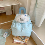 KYLETHOMASW  -  Kawaii Plush Puppy Polka Dot Drawstring Backpack Plaid Flap Mini Bag Light Handheld Shoulder Backpack Student Daily Cute Gift