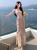 KYLETHOMASW  -  Summer French Style Long Dresses for Women Sexy Spaghetti Strap Ruffles Birthday Party Dress Female Holiday Beach Vestidos Robe