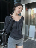 Kylethomasw Khaki Ribbon V-neck Long Sleeve Knitted Sweater Women Korean Style Fashion Slim Knitwear Design Aesthetics Clothes Chic