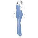 KYLETHOMASW  -  European Women Spaghetti Strap Mesh Maxi Dress Backless Cutout Split Slim Bodycon Beach Dress